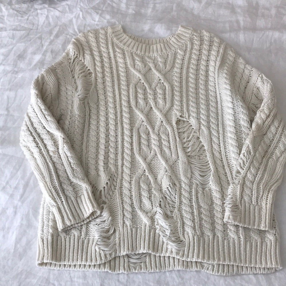 Distressed Cream Cableknit Sweater